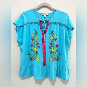 The Pioneer Woman Floral Embroidered Ruffle Hem Peasant Blouse Size Large